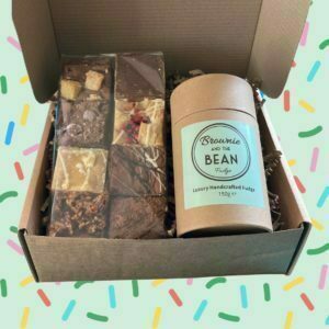 Fudge and Brownie Box Gift hamper with brownies and fudge on a bright coloured background