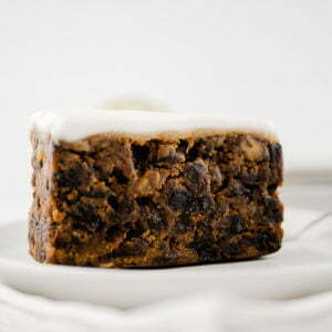Close up of a slice of Christmas Cake on a plate
