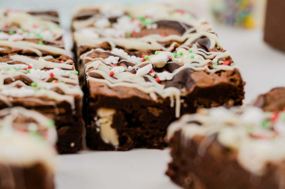 Christmas Triple Chocolate brownies on a white background