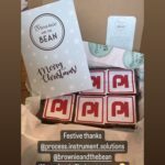 Personalised/ branded Corporate Christmas brownies are in a brownie box. There is a Brownie and the Bean Christmas Card in the photo and the 5 visible brownies with the PI logo on them. They are on branded greaseproof paper. This is a social media post.