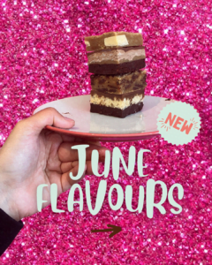A pink glittered background with a hand holding a small plate with a stack of 4 chocolate brownies and blondies. The text reads "new" and "June Flavours"