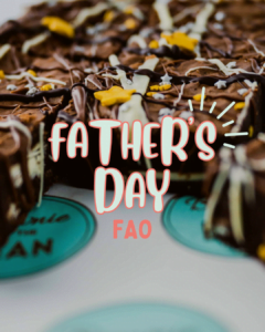 Graphic reads FATHER’S DAY BROWNIE FAQS. There are chocolate brownies in the background with a white chocolate drizzle and gold stars. The brownies are on printed Brownie and the Bean Greaseproof with an eau de nil round logo and text in the middle