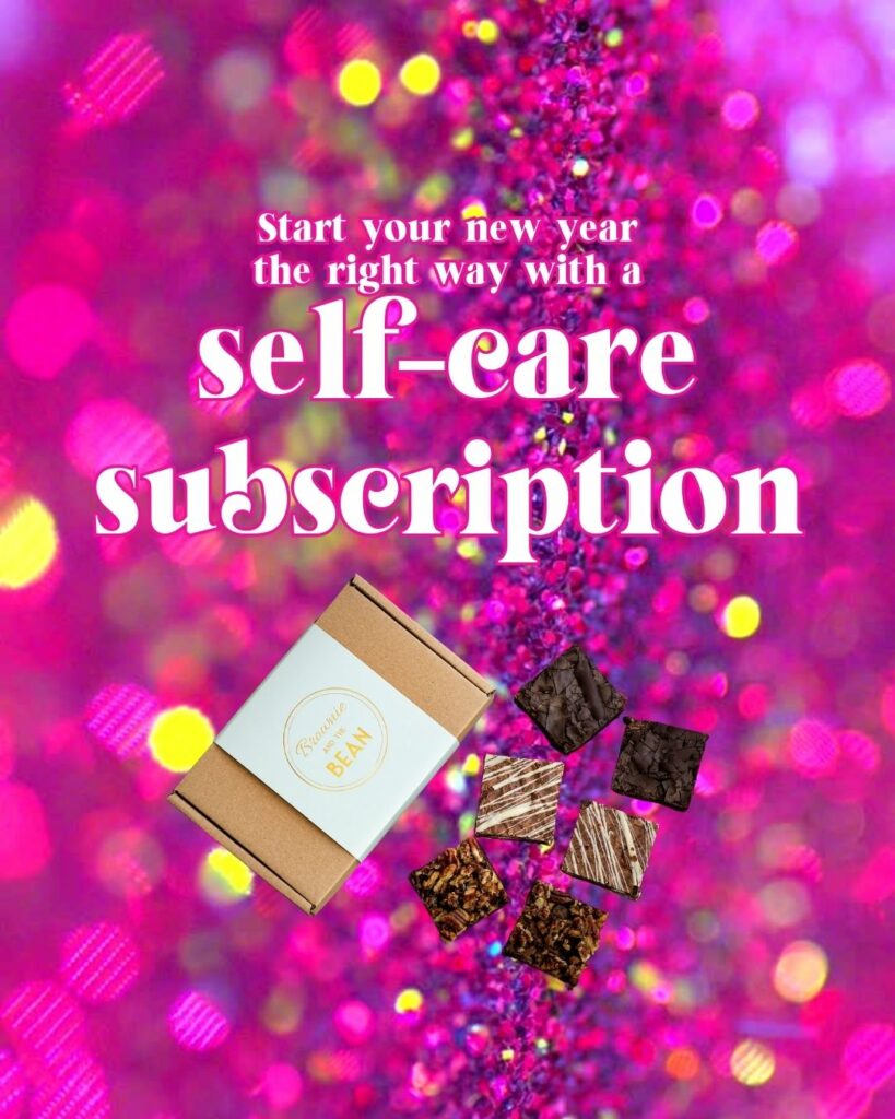 pink glittered background with swirly writing reading: Start your new year the right way with a self-care subscription