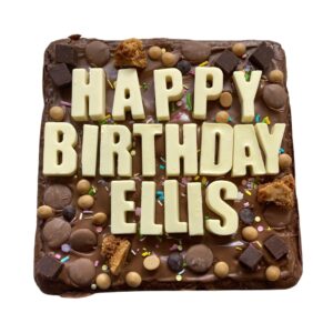 Personalised brownie slab reading "Happy Birthday Ellis"
